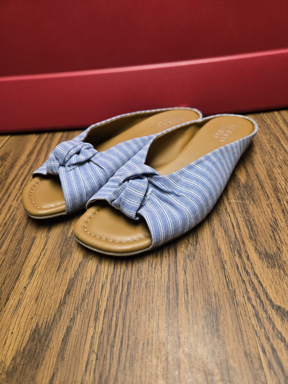 Franco Sarto Blue Striped Knot Slide Sandals.